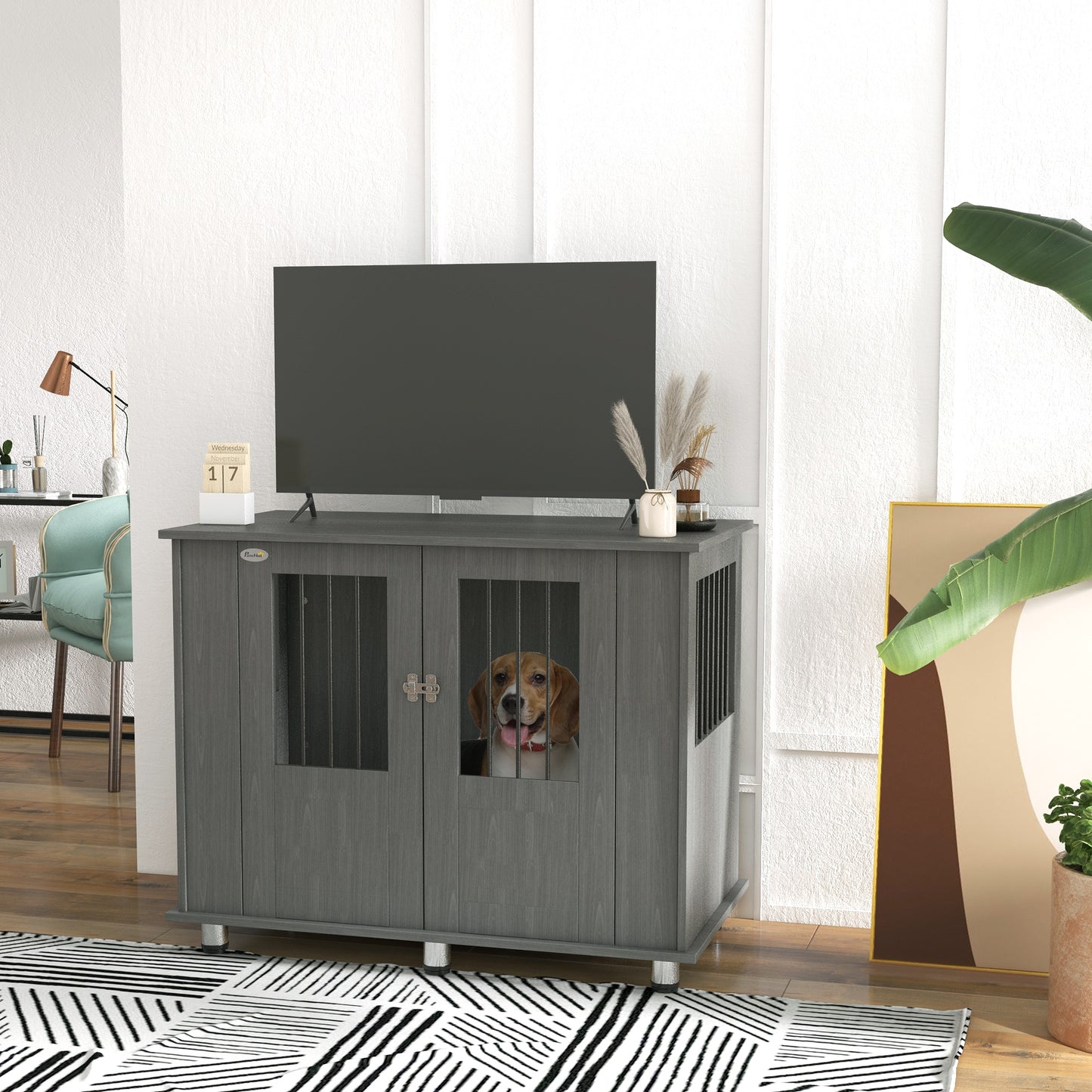Dog Crate Furniture Side Table | Magnetic Door & Bolt | Elevated Base | Steel Bar Ventilation | Medium & Large Dogs up to 40kg | 100 x 55 x 80cm | Grey
