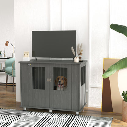 Dog Crate Furniture Side Table | Magnetic Door & Bolt | Elevated Base | Steel Bar Ventilation | Medium & Large Dogs up to 40kg | 100 x 55 x 80cm | Grey