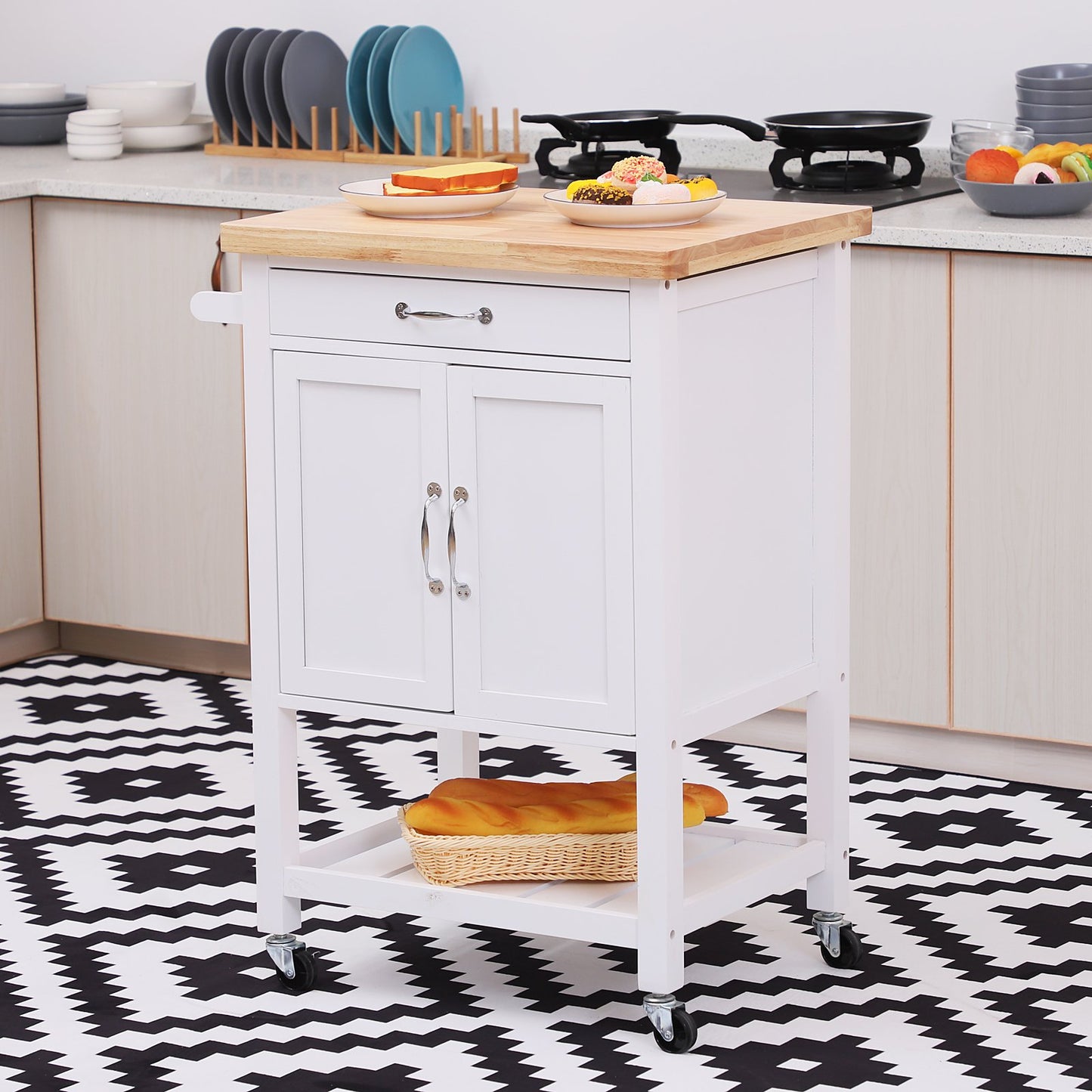 Kitchen Island Trolley Cart With Drawer-White/Oak Colour