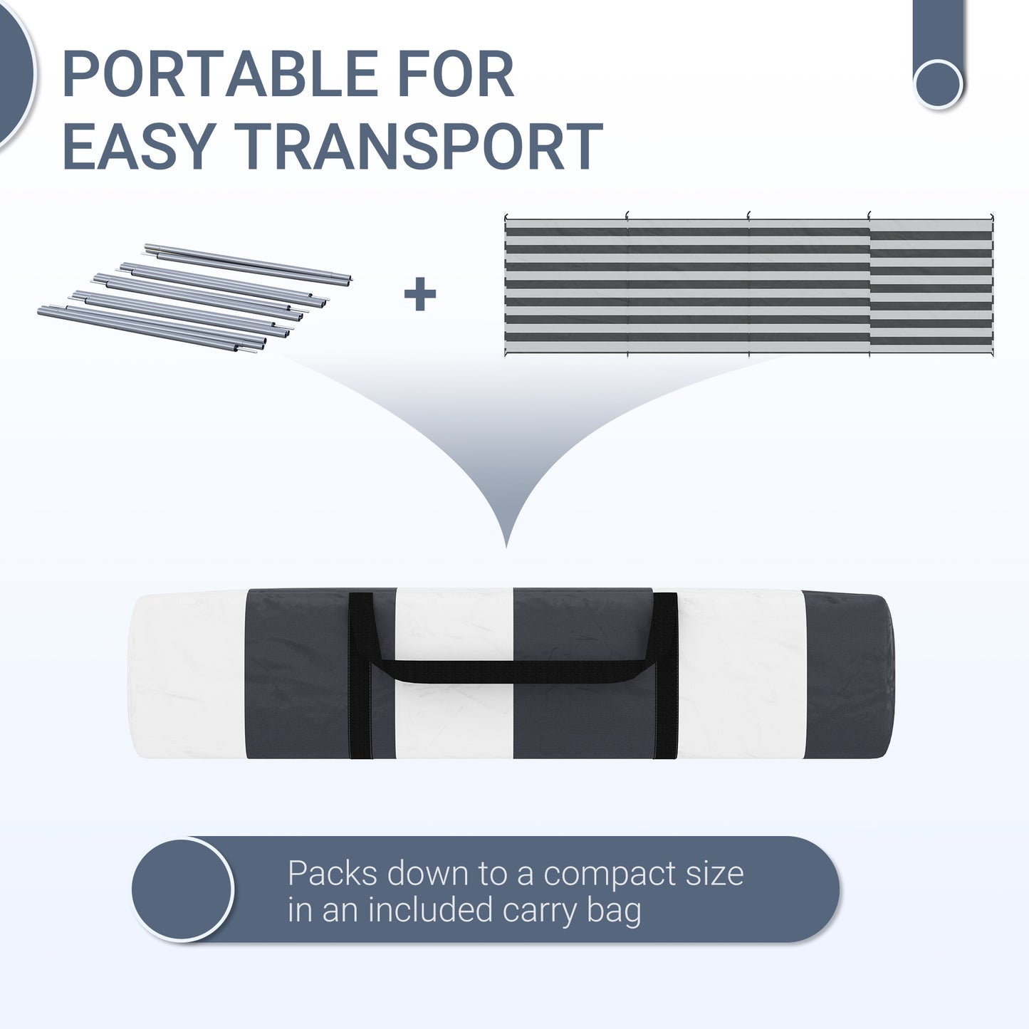 Outsunny 5 Pole Camping Windbreaks, Beach Wind Shield Privacy Shelter With Carry Bag / Steel Poles Outdoor 540cm x 150cm, Grey and White