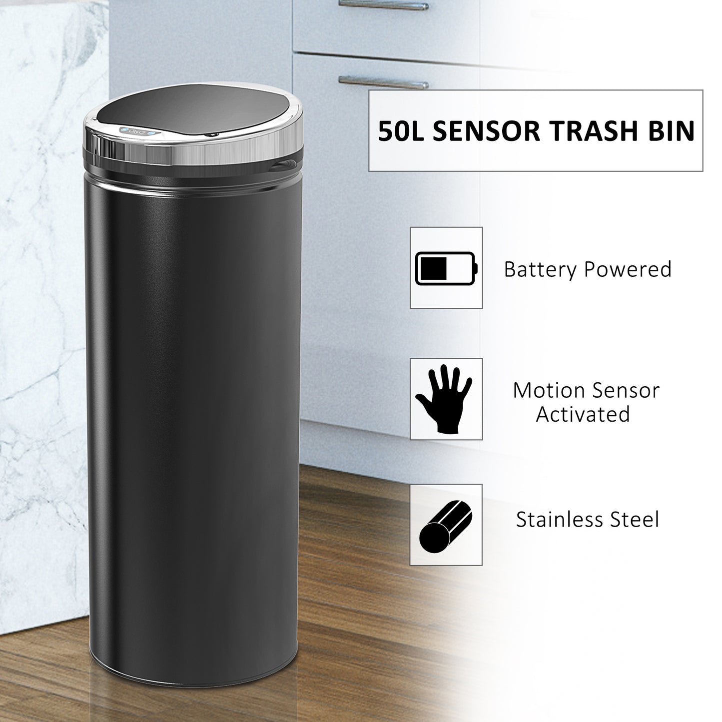 50L Stainless Steel Sensor Trash Can With Bucket-Black