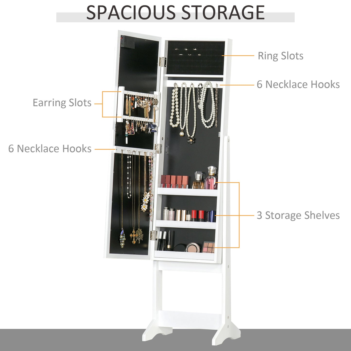 Full Body Mirrored Jewellery Cabinet W/ LED Light W/ 3 Angle Adjustable For Rings Earrings Bracelets Cosmetics Warm White