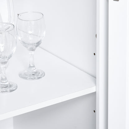 Freestanding Kitchen Cupboard, Kitchen Storage Cabinet with Framed Glass Doors, 2 Drawers, Microwave Counter, White