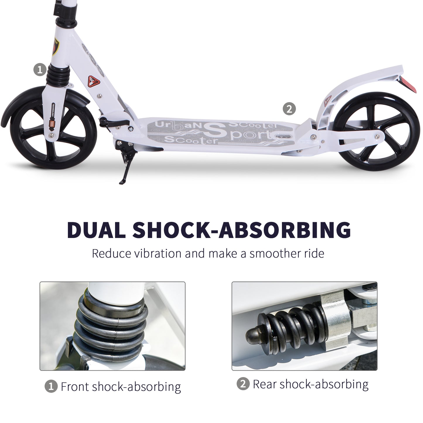 Folding Kick Scooter 2 Big Wheels Teens Adult  14+ Adjustable Ride On White / Black