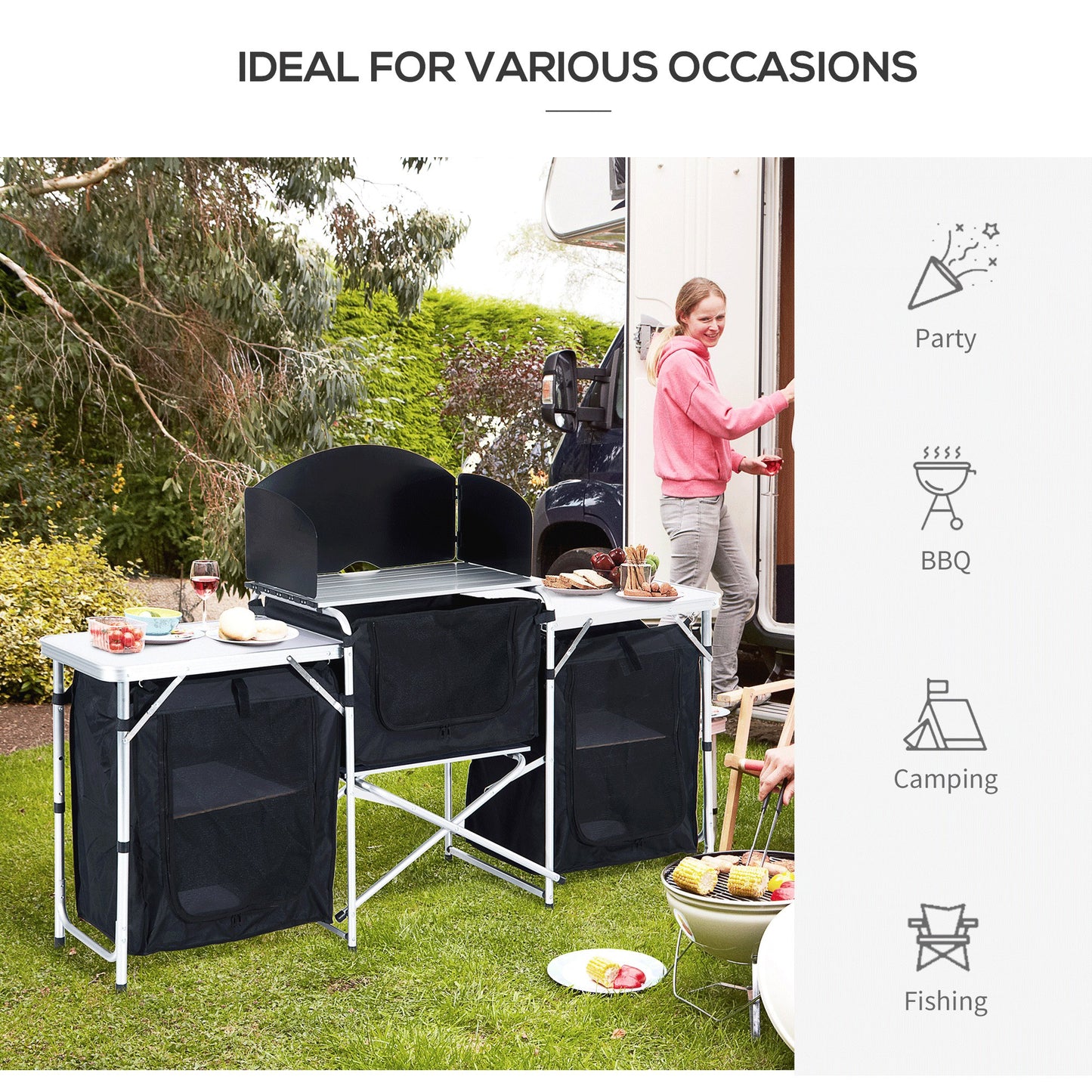 Outsunny Folding Camping Kitchen Cooking Table With Windscreen, Enclosed Cupboards, Aluminium Frame for BBQ, Party, Picnic