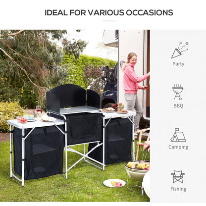 Outsunny Folding Camping Kitchen Cooking Table With Windscreen, Enclosed Cupboards, Aluminium Frame for BBQ, Party, Picnic