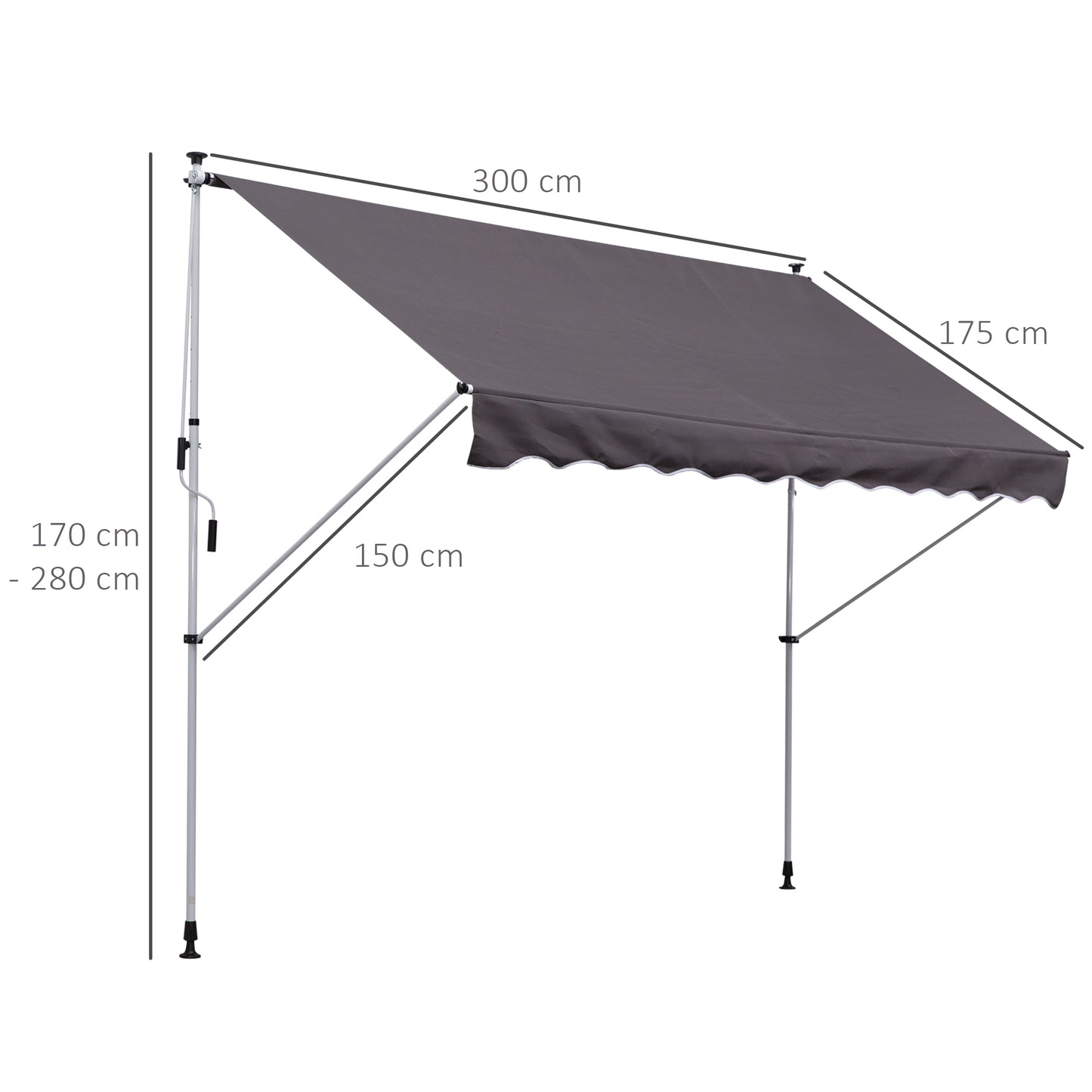 Outsunny Balcony 3 x 1.5m Manual Adjustable Awning DIY Patio Clamp Awning Canopy  Retractable Shade Shelter - Grey