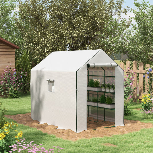 Outsunny Walk-in Greenhouse w/ 3 Tier Shelves, Green House Garden Grow House w/ PE Cover, Roll-up Door, Mesh Windows, 140 x 213 x 190cm, White