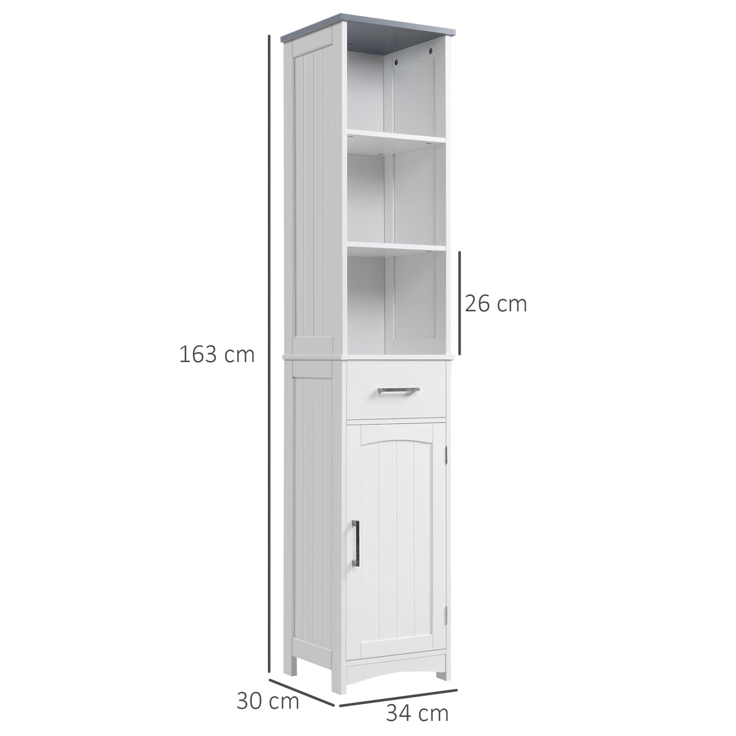 Kleankin Tall Bathroom Storage Cabinet with 3 Tier Shelf, Cupboard, Drawer, Door, Freestanding Linen Tower, Slim Side Organizer, White