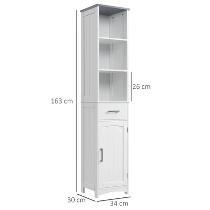 Kleankin Tall Bathroom Storage Cabinet with 3 Tier Shelf, Cupboard, Drawer, Door, Freestanding Linen Tower, Slim Side Organizer, White