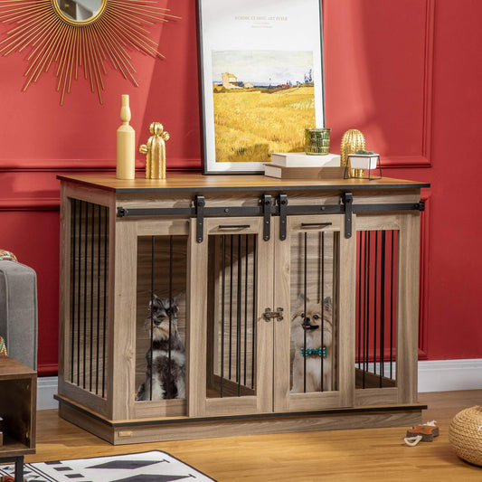 Dog Crate Furniture Side Table | Removable Divider | Double Sliding Doors | Large Dog or 2 Small Dogs | 120 x 60 x 88.5cm | Oak Tone