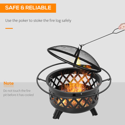 Outsunny 2-in-1 Outdoor Fire Pit with BBQ Grill, Patio Heater Log Wood Charcoal Burner, Firepit Bowl w/Spark Screen Cover, Poker for Backyard Bonfire