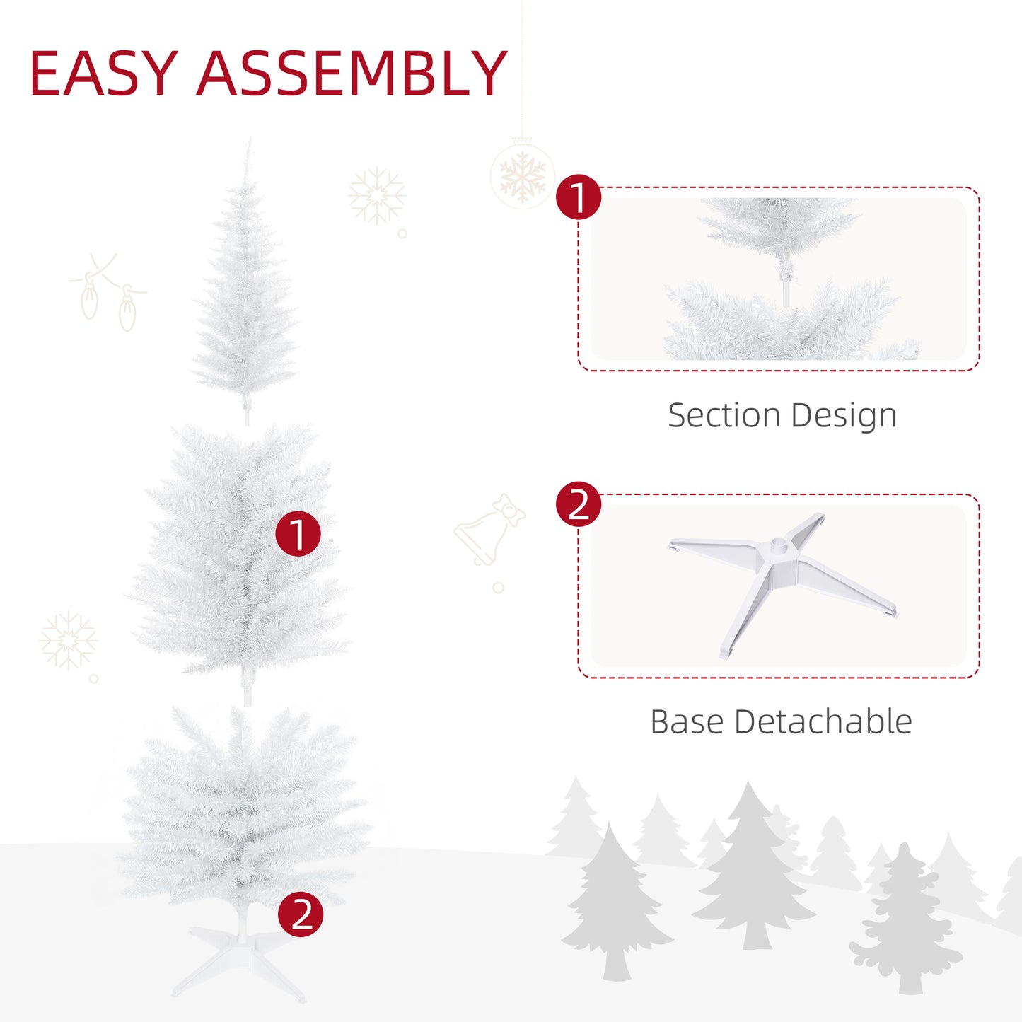 1.8m 6ft Artificial Pine Pencil Slim Tall Christmas Tree With 390 Branch Tips Holiday Décor with Stand White
