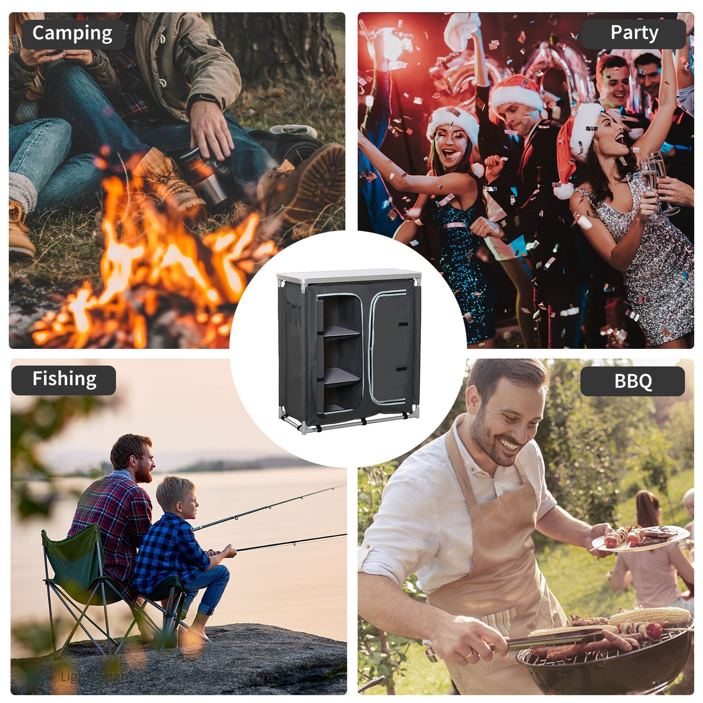 Outsunny Aluminum Camping Cupboard Camping Kitchen Station Cook Table with 3-Shelf, Storage Organiser for BBQ Party Picnics with Carrying Bag