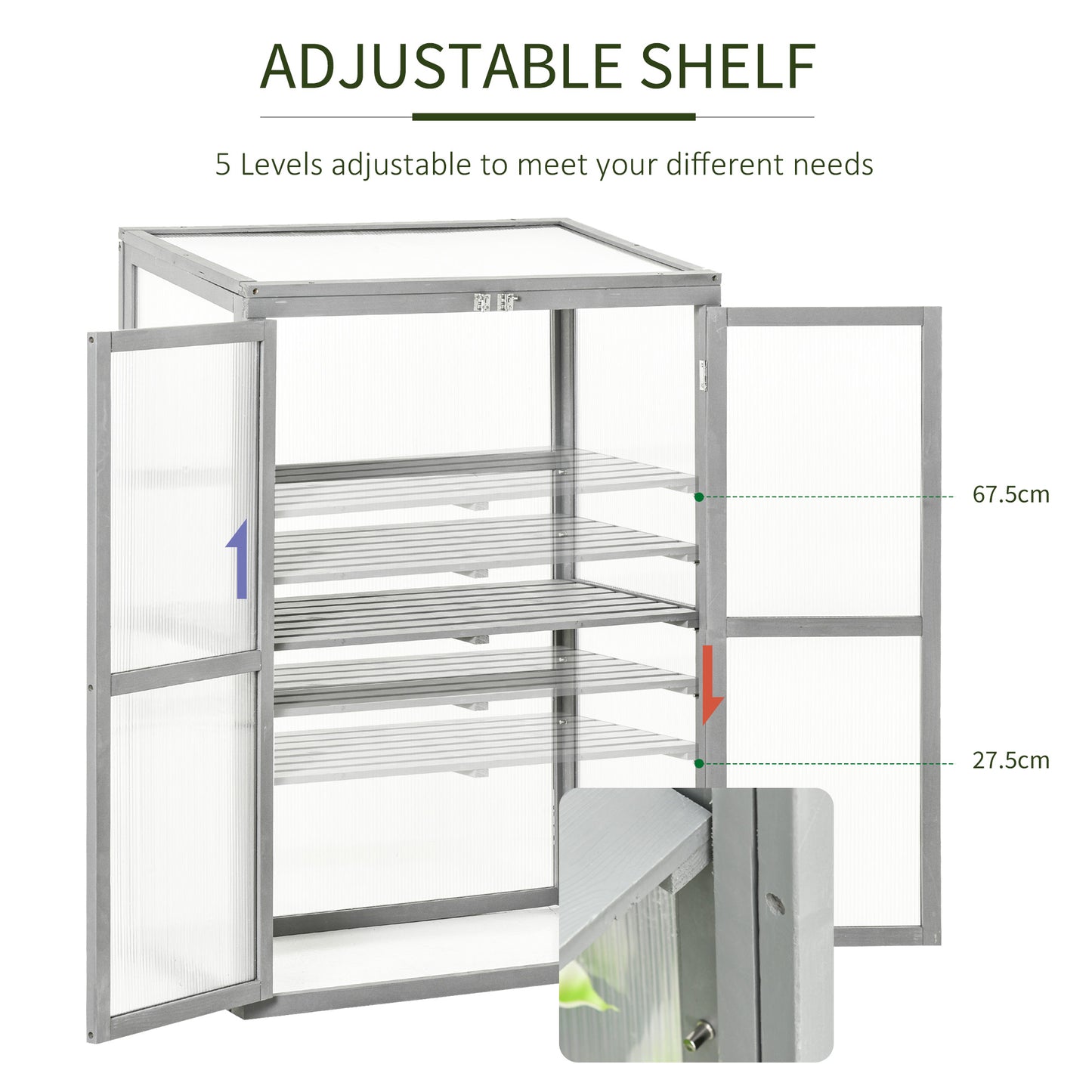 Outsunny Wooden Cold Frame Greenhouse Garden Polycarbonate Grow House w/ Adjustable Shelf, Double Doors, 76 x 47 x 110 cm, Grey