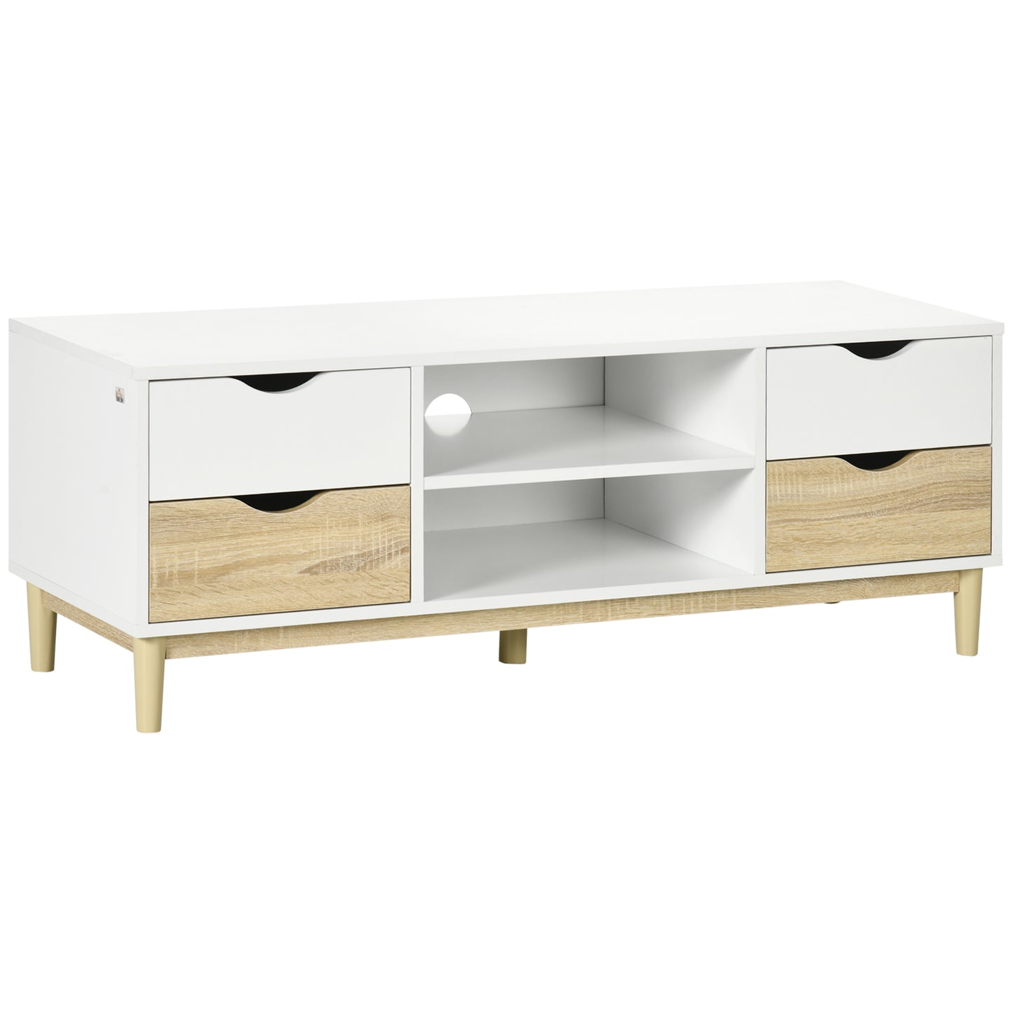 Modern TV Stand Unit for TVs up to 55" with Storage Shelves and Drawers, 120cmx40cmx44.5cm, White and Natural