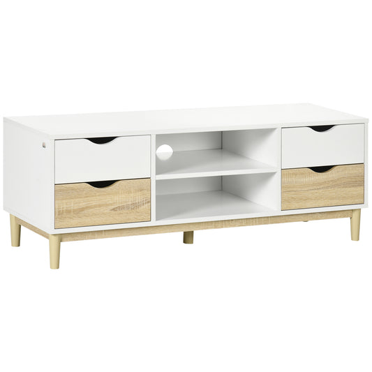 Modern TV Stand Unit for TVs up to 55" with Storage Shelves and Drawers, 120cmx40cmx44.5cm, White and Natural
