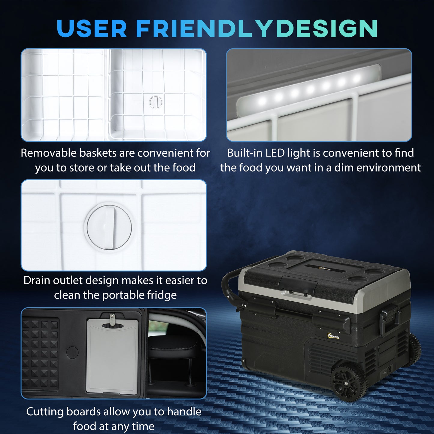 Outsunny 40L Car Refrigerator, Portable Compressor Cooler Box, Fridge Freezer w/ Inner LED Light & Foldable Handles, 12/24V DC and 110-240V AC