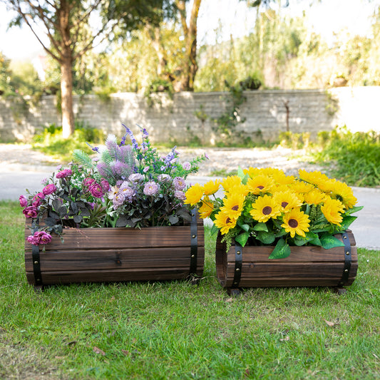 Outsunny Set Up for 2 Wooden Planter Box Flower Plant Pot Outdoor & Indoor Flower Beds Plant Box with Solid Wood Carbonized Colour