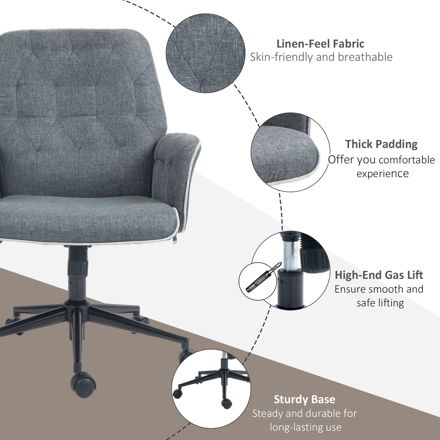 Linen Computer Chair with Armrest, Modern Swivel Chair with Adjustable Height, Dark Grey