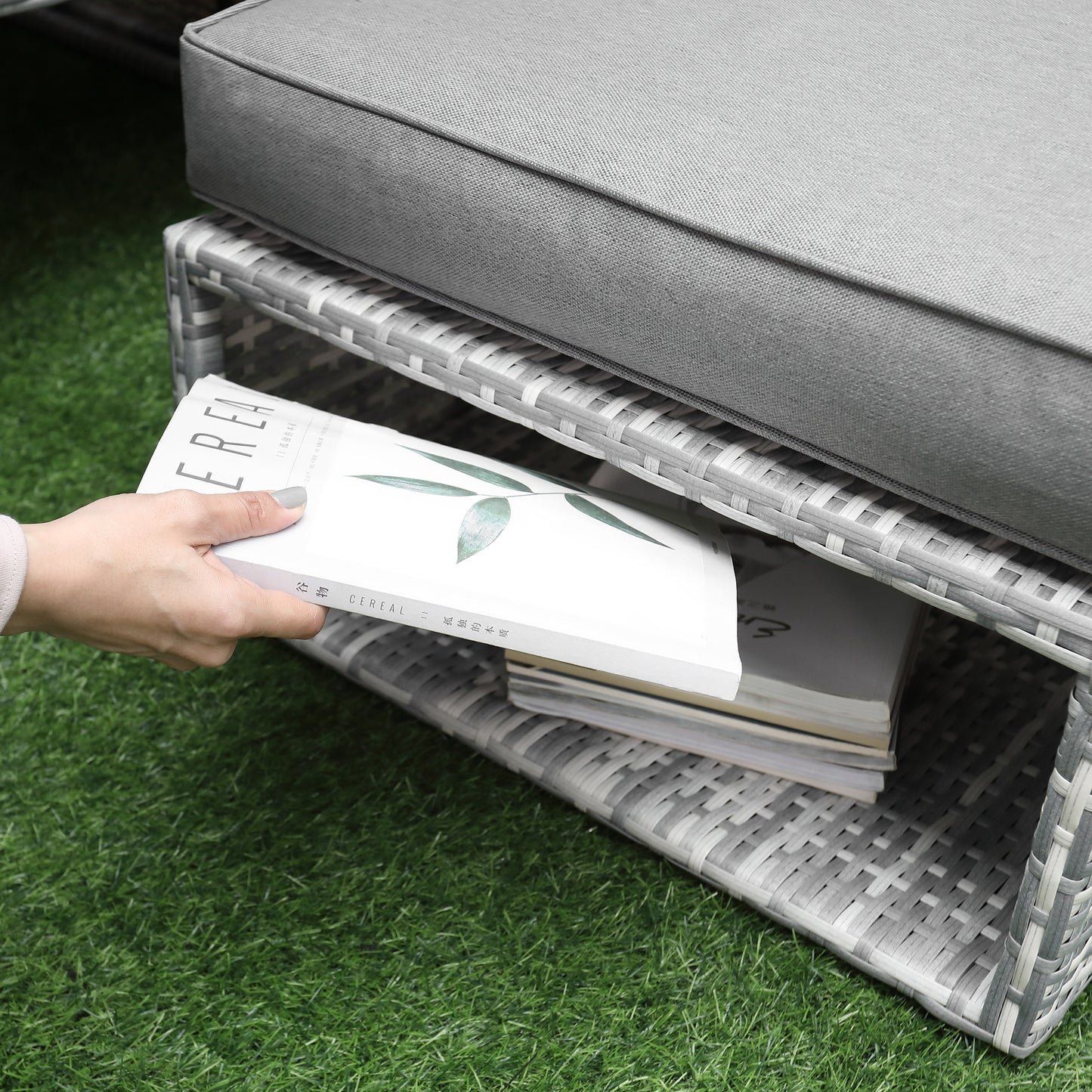 Outsunny 3 Pieces Outdoor PE Rattan Patio Furniture Set Daybed 2-Seater Sofa Footstool Tempered Glass Coffee Table Conversation Set, Olefin Cushion