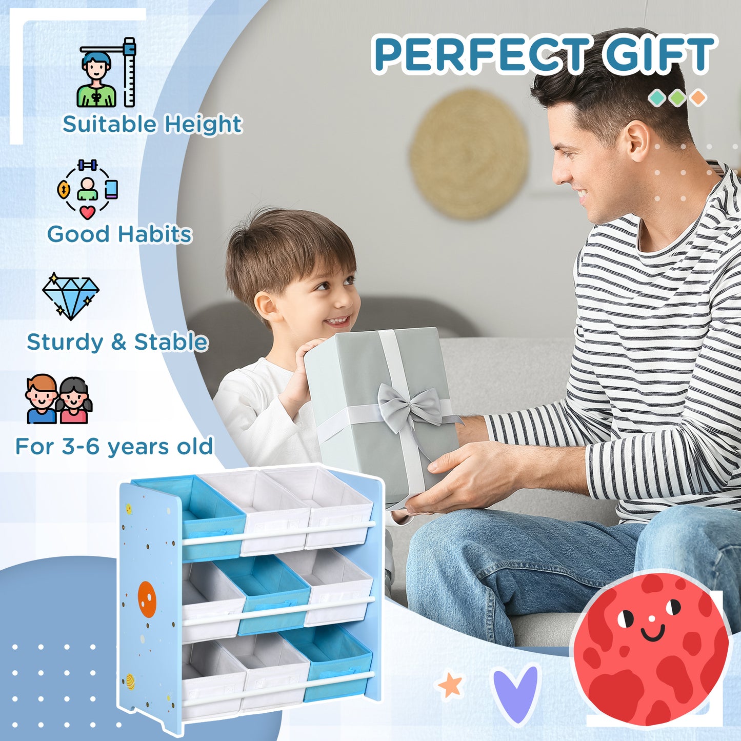 ZONEKIZ Kids Storage Unit with 9 Removable Storage Baskets, Toy Box Organiser with Shelf, Book Shelf for Nursery Playroom, Blue