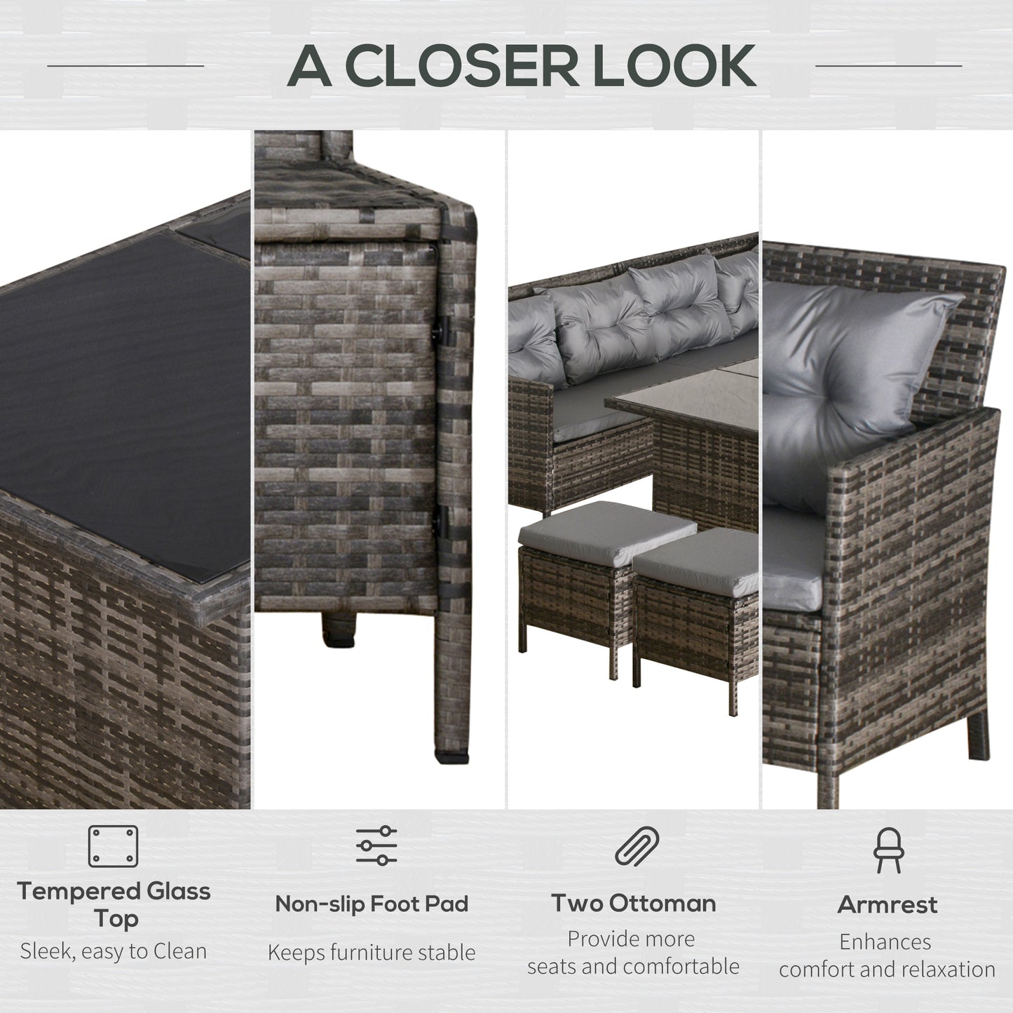 Outsunny 8-Seater Garden Rattan Corner Dining Sofa Set Outdoor Wicker Conservatory Furniture Lawn Patio Coffee Table Foot Stool w/ Cushion, Grey