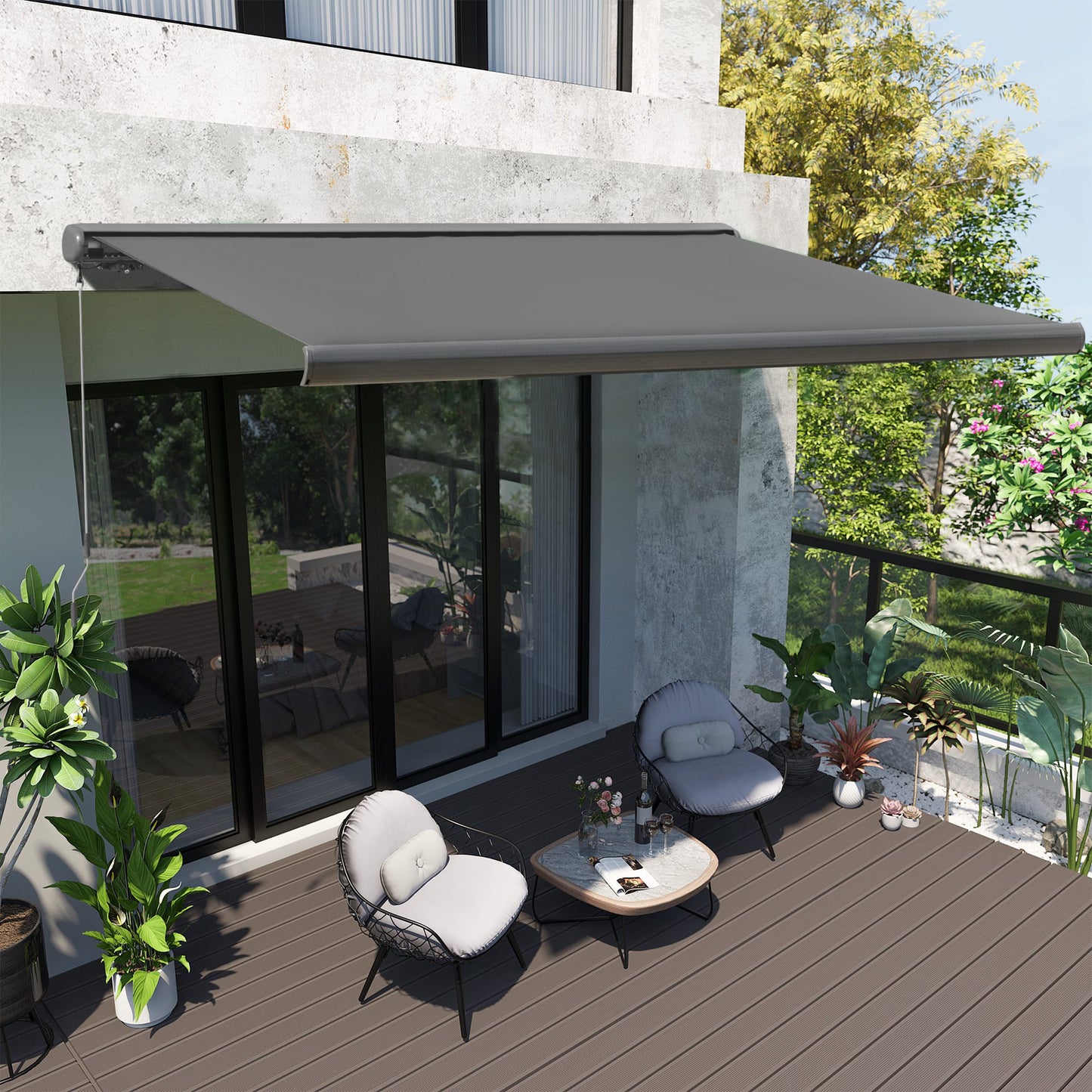 Outsunny Cassette Electric Motorised Manual Awning Door Window Patio Canopy Retractable Sun Shade w/ R/C, 350x300cm Grey