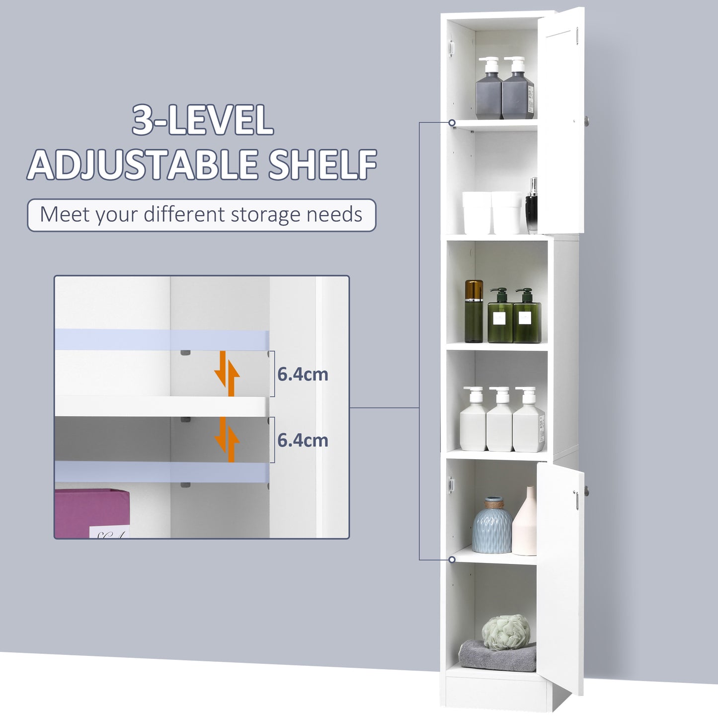Kleankin Tall Bathroom Storage Cabinet with Mirror, Freestanding Floor Cabinet Tallboy Unit with Adjustable Shelves, White