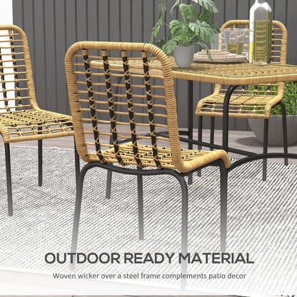 Outsunny 5 Piece Rattan Outdoor Dining Set Patio Conservatory w/ Tempered Glass Tabletop Hollowed-out Design - Natural Wood Finish