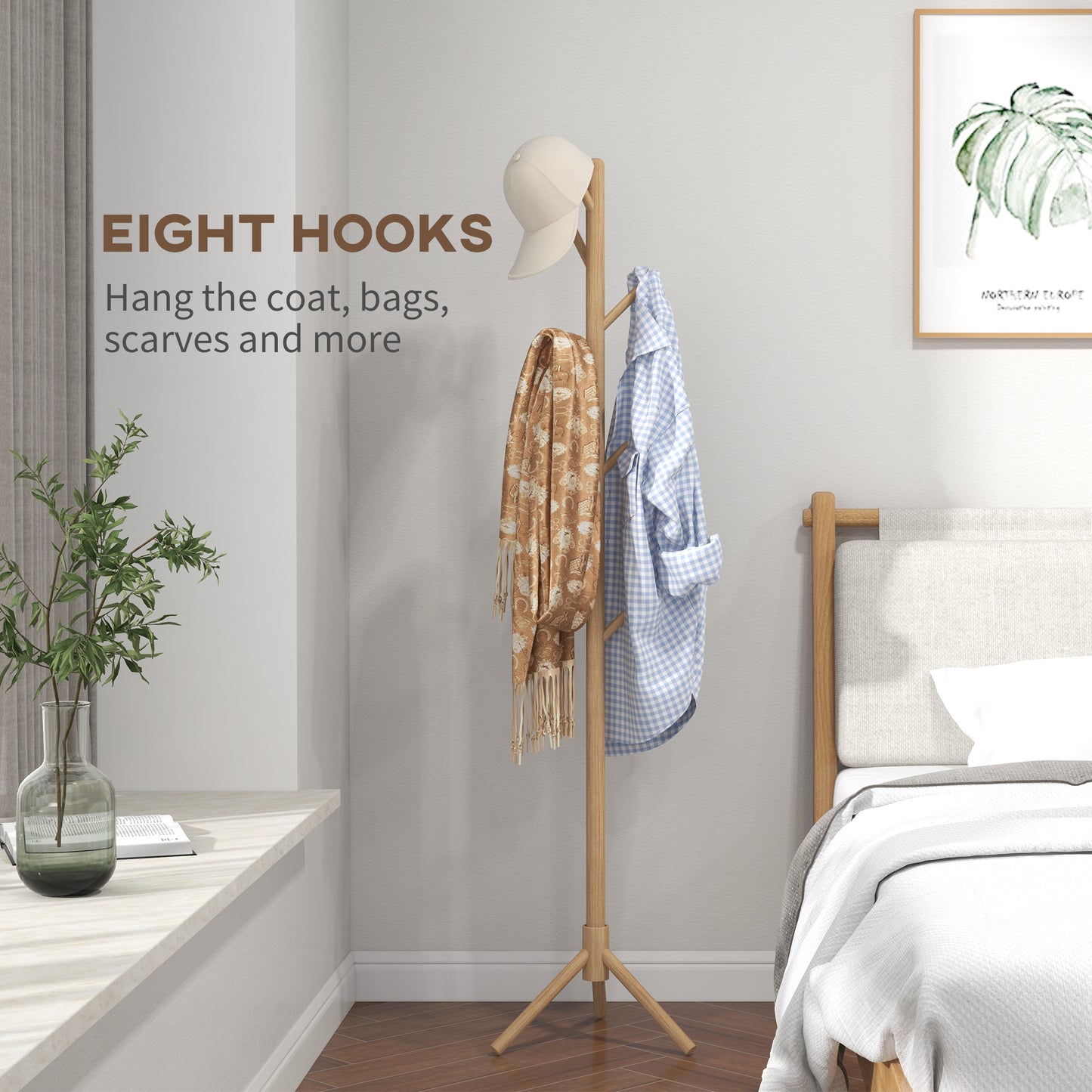 Eight-Hook Wooden Coat Hat Holder Organiser Rack - Natural