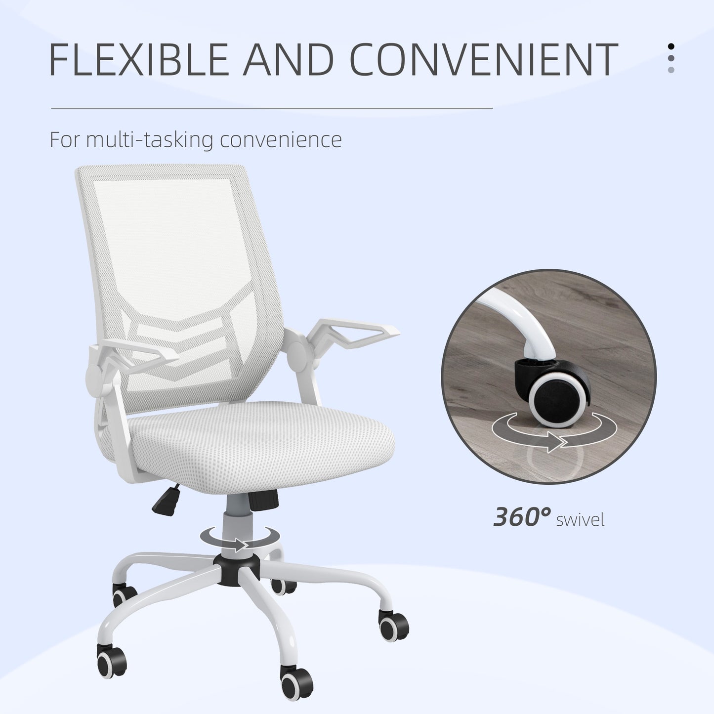 Mesh Office Chair | Flip-Up Armrests | Lumbar Support | Curved Back | Sponge Seat | Rocking Motion | 360° Swivel | 5 Wheels | Height Adjustable 45-55cm | 120kg | White