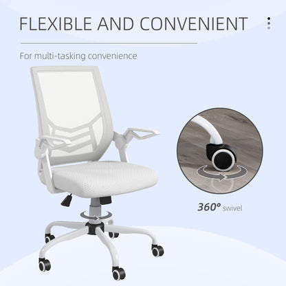 Mesh Office Chair | Flip-Up Armrests | Lumbar Support | Curved Back | Sponge Seat | Rocking Motion | 360° Swivel | 5 Wheels | Height Adjustable 45-55cm | 120kg | White