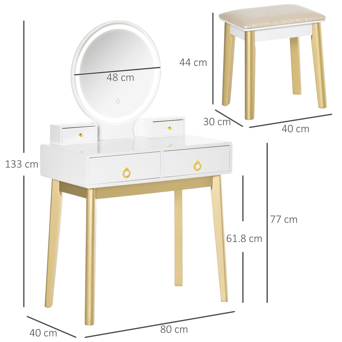 Dressing Table Set with Mirror, Built-in 3 Color LED Light, Vanity Makeup Table with 4 Drawers and Cushioned Stool for Bedroom, White