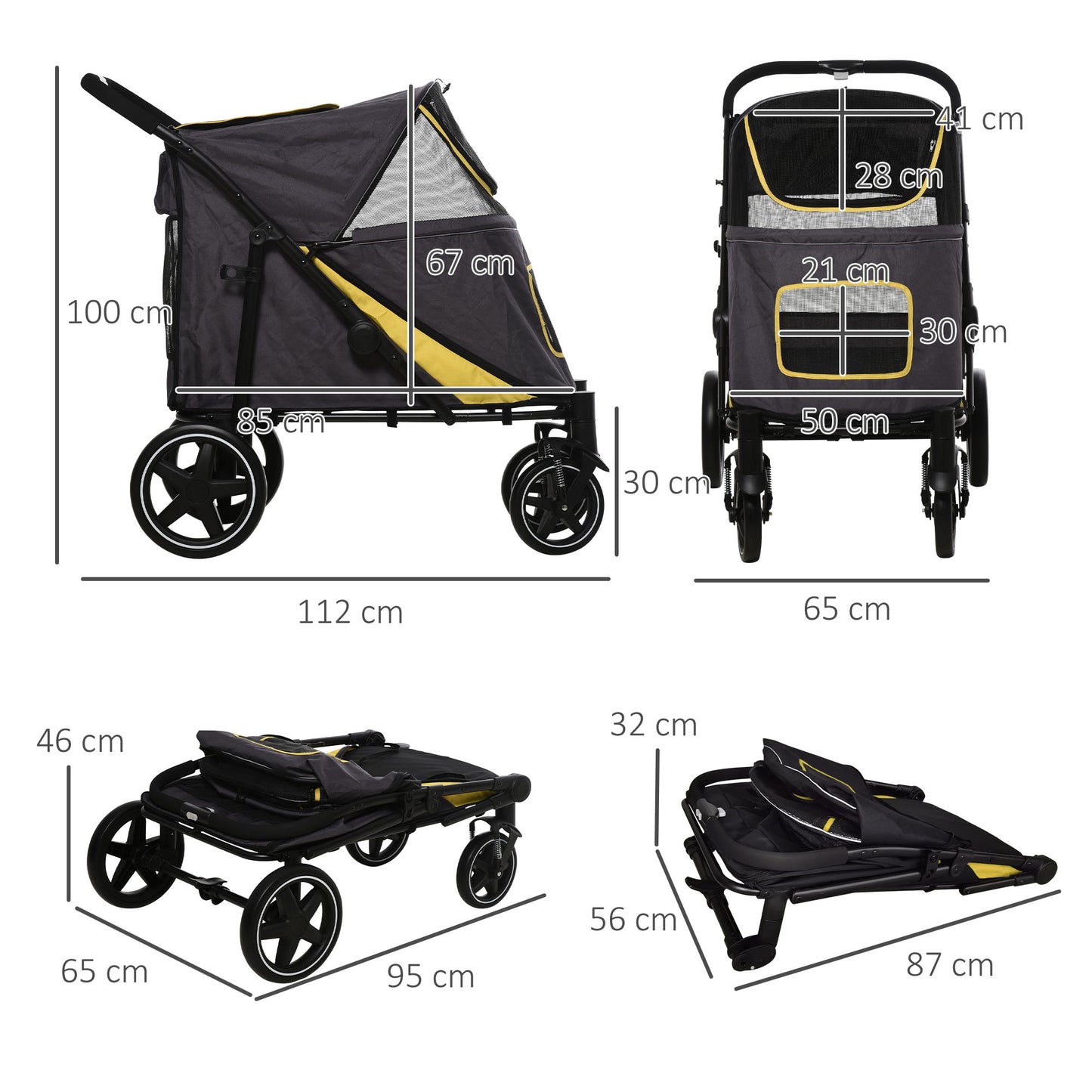 PawHut Pet Stroller W/ Universal Front Wheels, Shock Absorber, One Click Foldable Dog Cat Carriage W/ Brakes, Storage Bags, Mesh Window Dark Grey