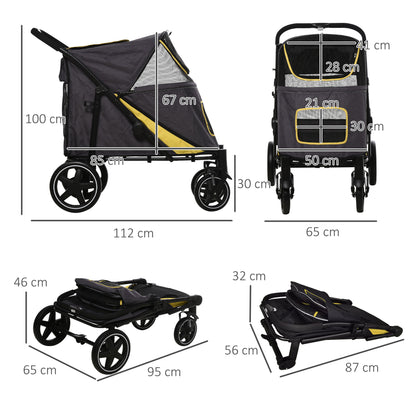 PawHut Pet Stroller W/ Universal Front Wheels, Shock Absorber, One Click Foldable Dog Cat Carriage W/ Brakes, Storage Bags, Mesh Window Dark Grey