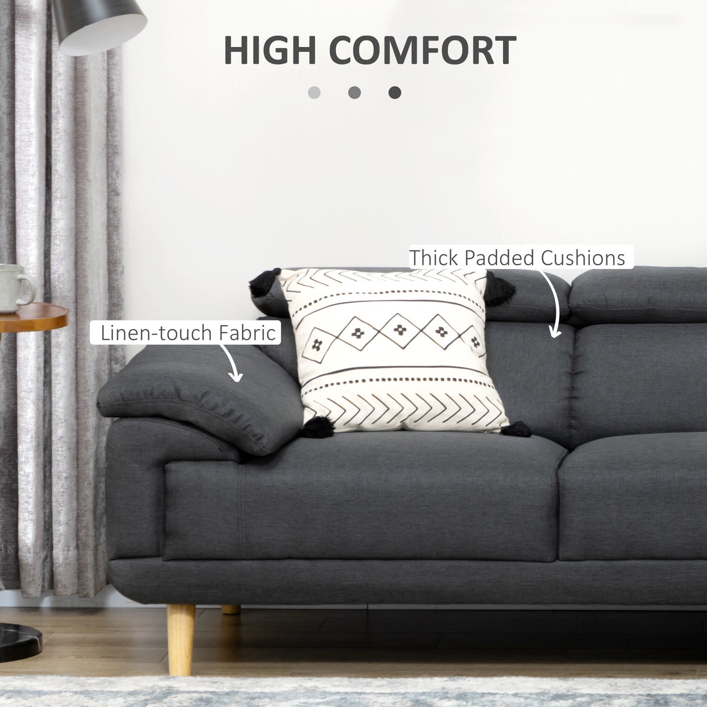 Corner Sofas for Living Room, Fabric L Shaped Sofa Settee with Adjustable Headrest, 3 Seater Couch, Dark Grey
