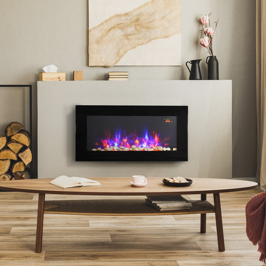 LED Electric Fireplace w/ Automatic Function Remote Faux Flame Wall Home Heater Backlight Timer Sleek Stylish 1000W/2000W