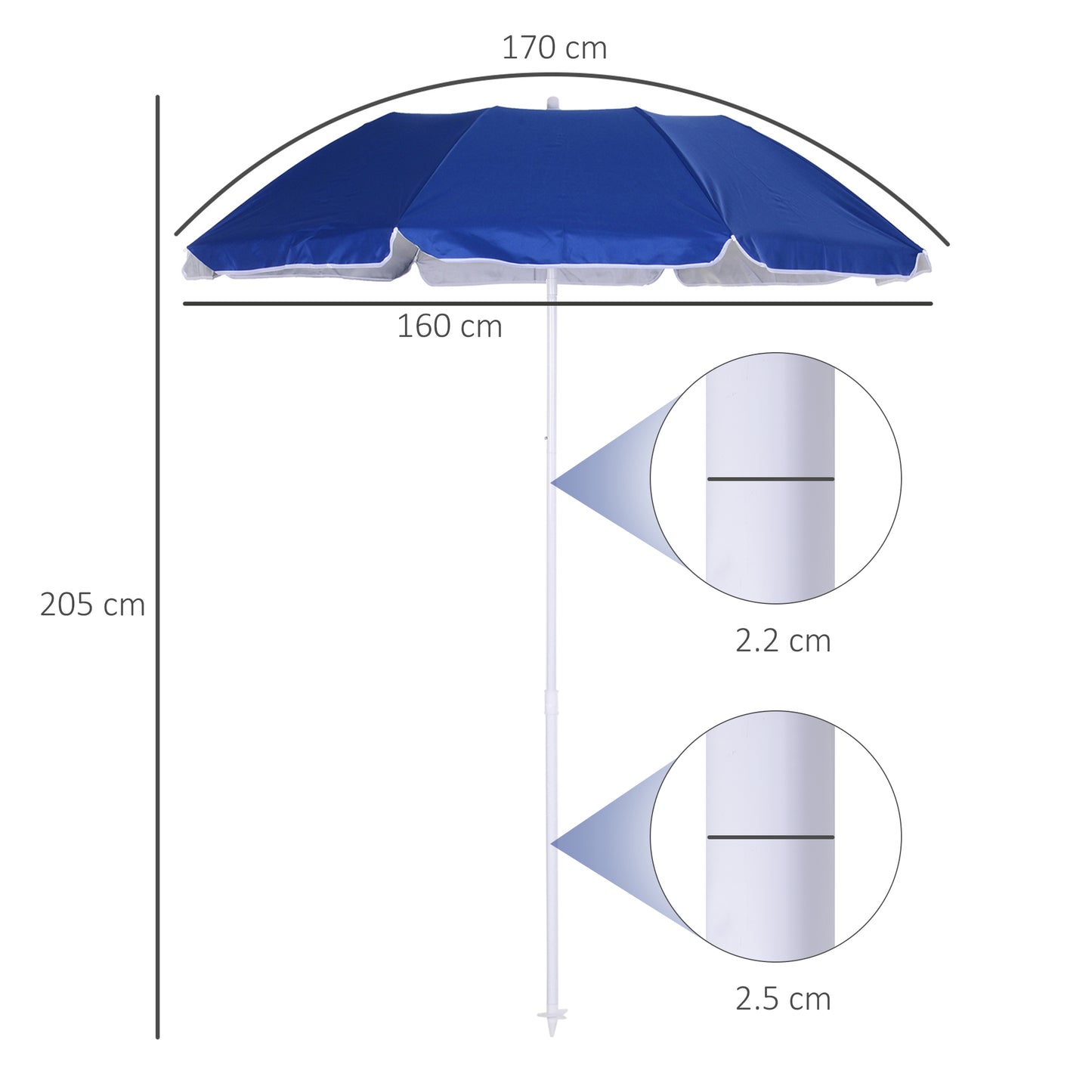 Outsunny 1.7m x 2m Tilted Steel Frame Beach Parasol Blue