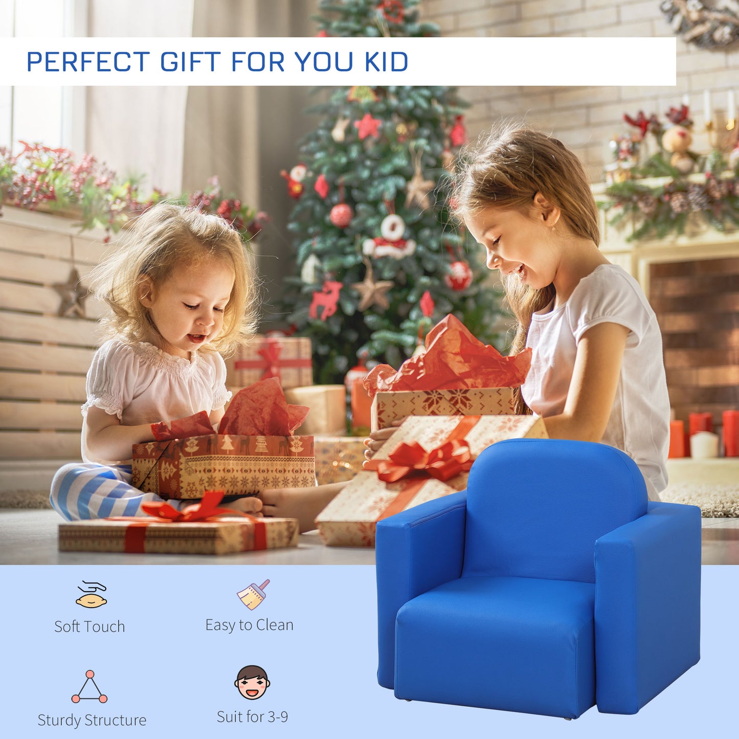 Kids Mini Sofa 3 in 1 Table Chair Set Children Armchair Seat Relax Game Playroom Seater Girl Boys Blue