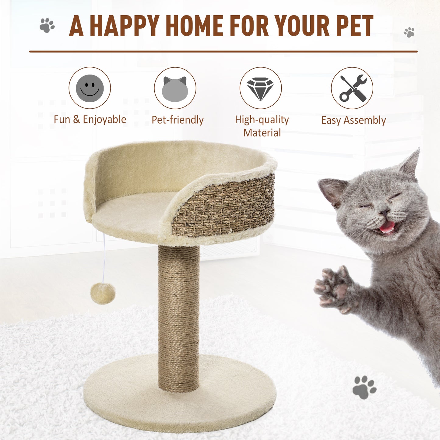 PawHut Cat Scratching Post Cat Tree Activity Center Kitten House Furniture with Scratching Posts Dangling Ball Perch Beige