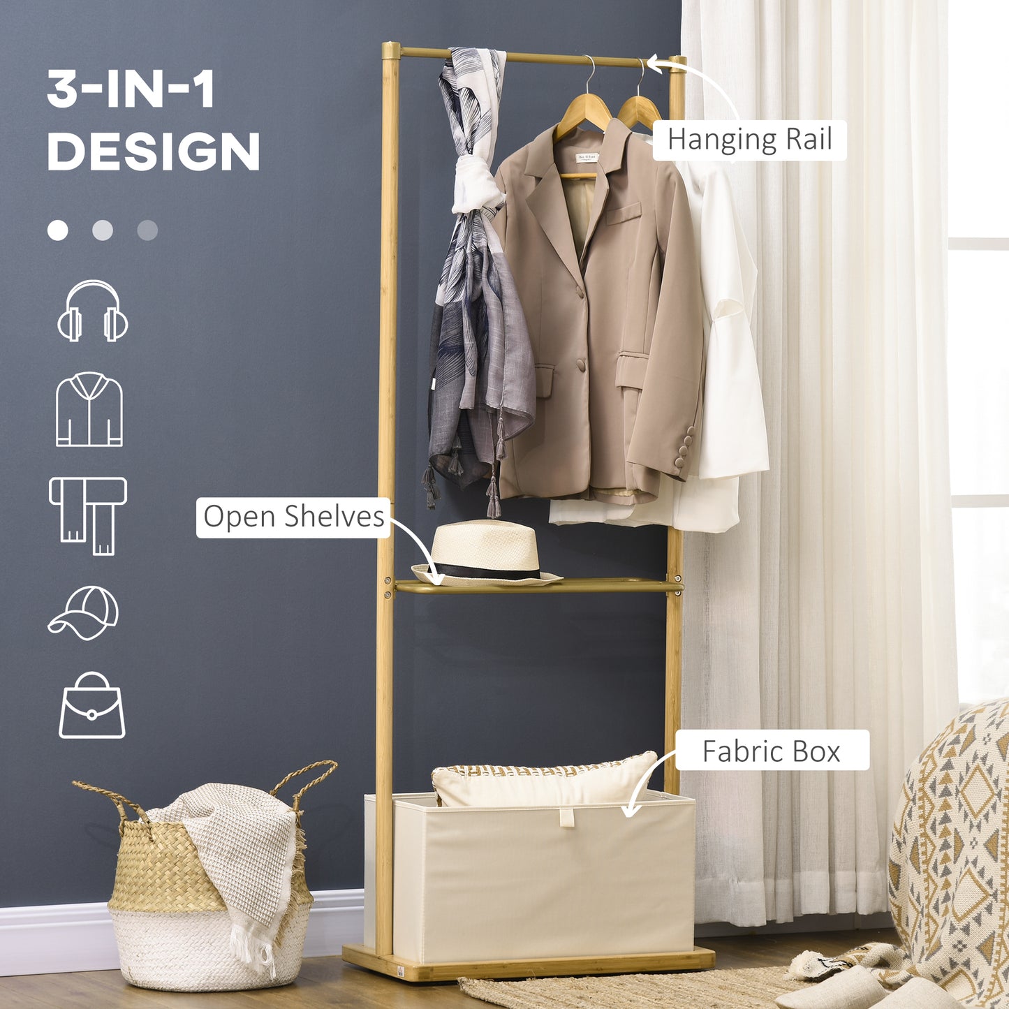 Clothes Rail, Bamboo Coat Stand, Garment Rack with Open Shelves and Fabric Storage Box for Bedroom, Hallway, Natural