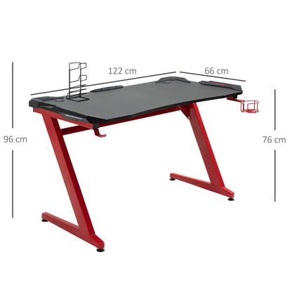 Gaming Desk, Ergonomic Home Office Desk, Gamer Workstation Racing Table, with Headphone Hook and Cup Holder, 122 x 66 x 86cm, Black and Red