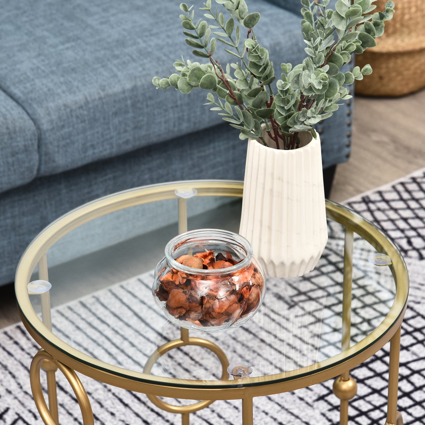 Modern Round Coffee Tables Set of 2, Gold Nest of Tables with Tempered Glass Top, Steel Frame for Living Room, Gold