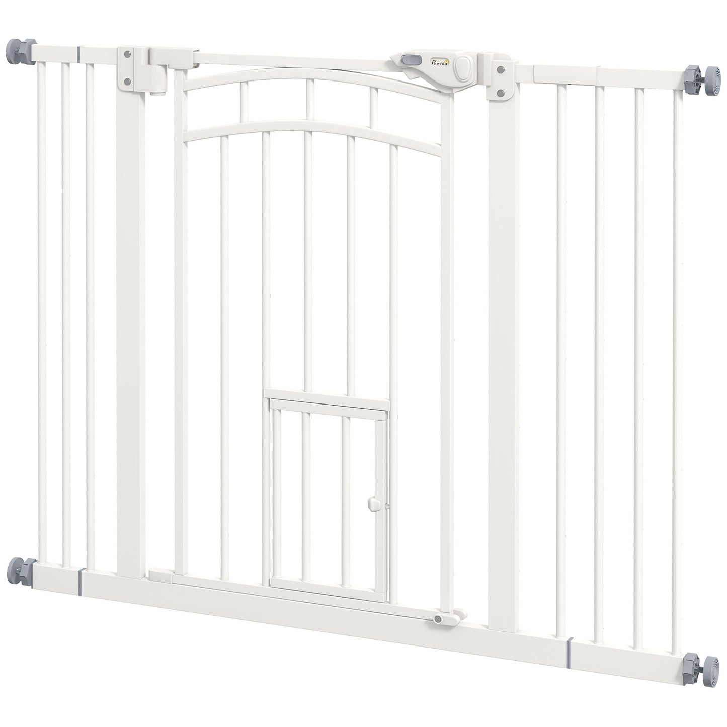 PawHut Pressure Fit Stair Dog Gate w/ Small Cat Door, Automatic Closing Door, Double Locking, for 74-100cm Openings - White