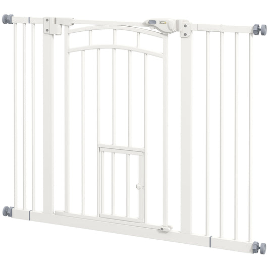 PawHut Pressure Fit Stair Dog Gate w/ Small Cat Door, Automatic Closing Door, Double Locking, for 74-100cm Openings - White