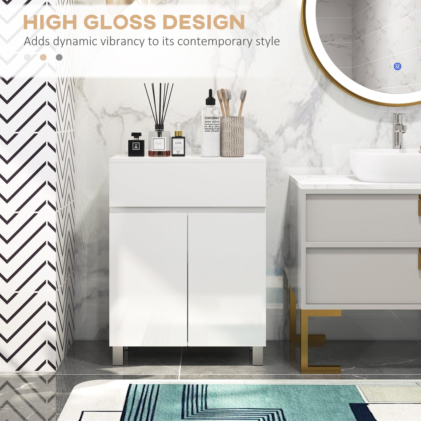 Kleankin Freestanding Bathroom Cabinet, High Gloss Storage Cabinet with Doors and Adjustable Shelf, 60 x 30 x 80 cm, White