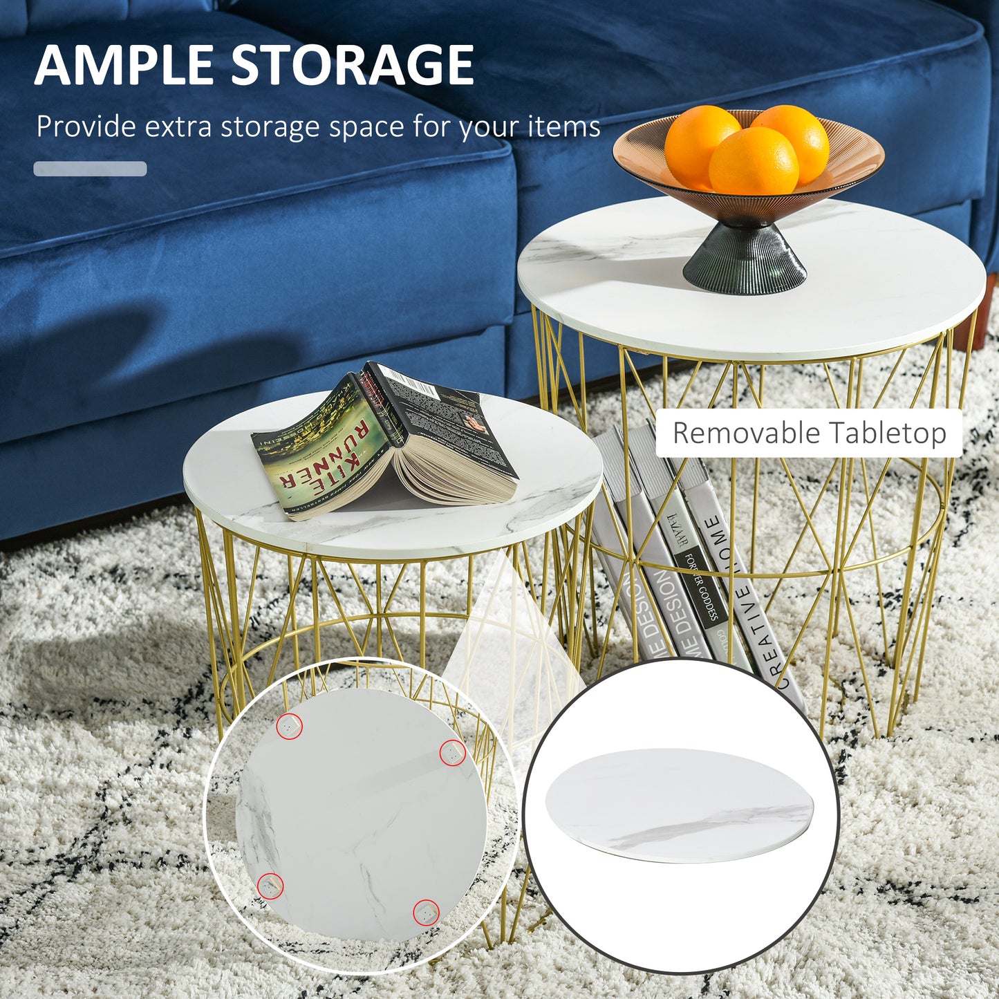 Set of 2 Nesting Side Tables With Storage, Round End Tables Coffee Tables With Steel Frame and Removable Round Top, White