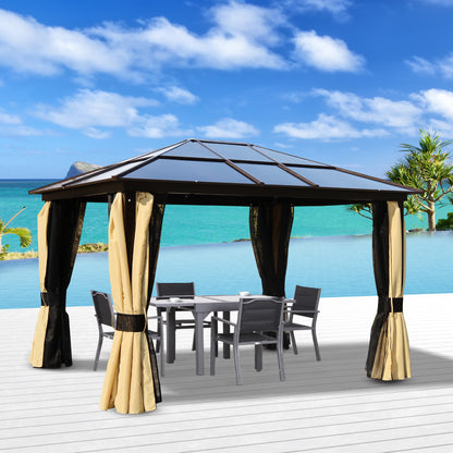 3.6 x 3(m) Polycarbonate Hardtop Gazebo with LED Solar Light and Aluminium Frame, Garden Pavilion with Mosquito Netting and Curtains