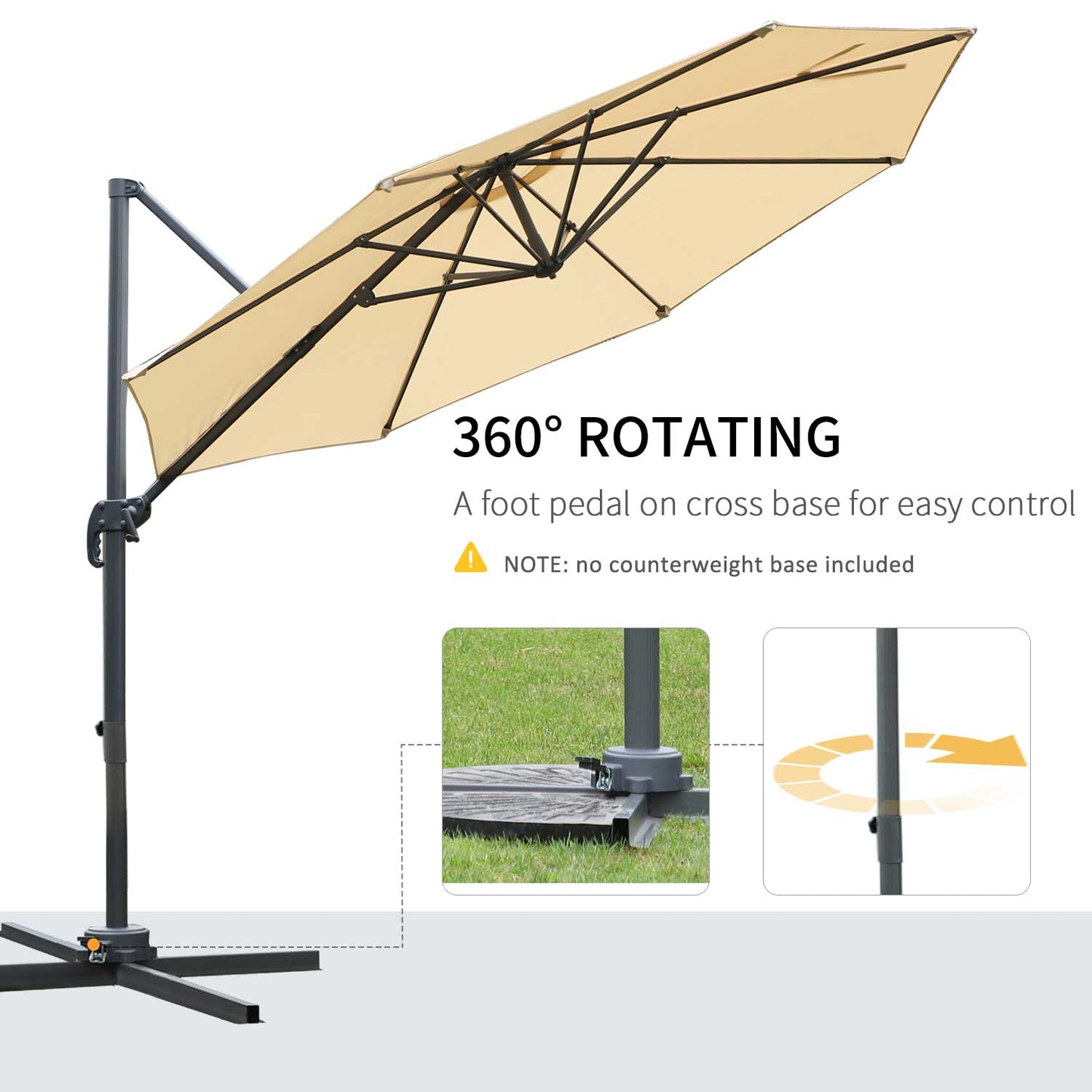 Outsunny 3(m) Patio Offset Parasol Roma Umbrella Cantilever Hanging Sun Shade Canopy Shelter 360° Rotation with Cross Base - Beige